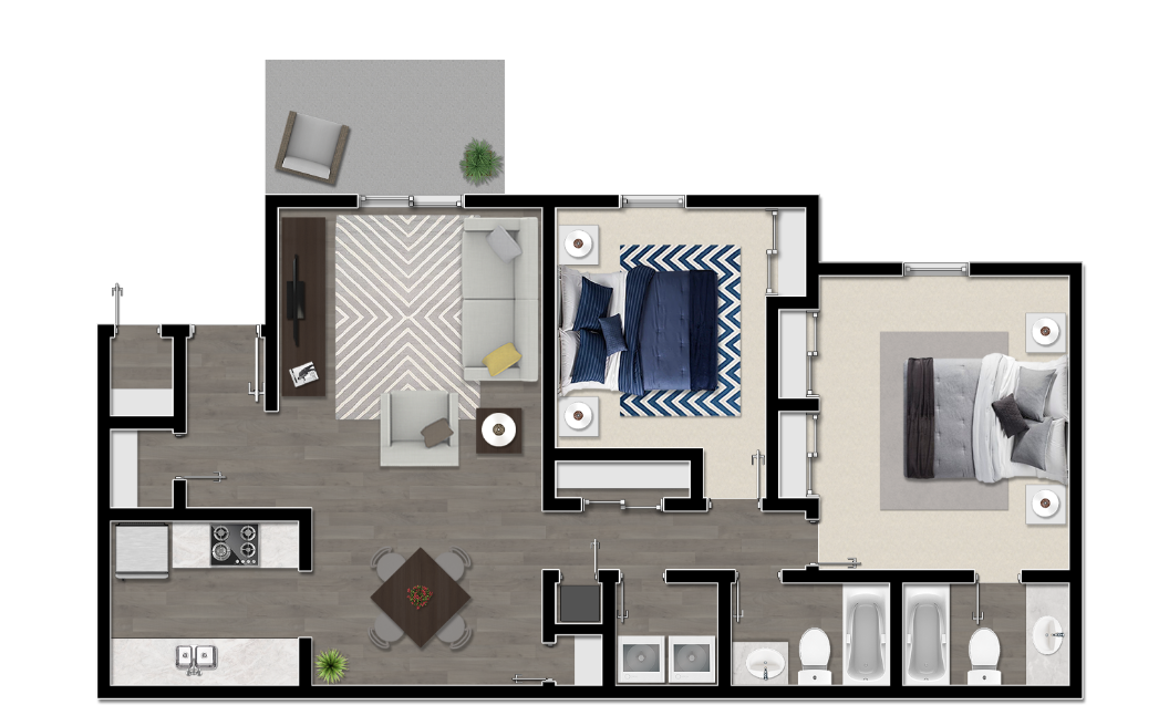 Floor plan for 2 beds, 2 baths, 983 sqft